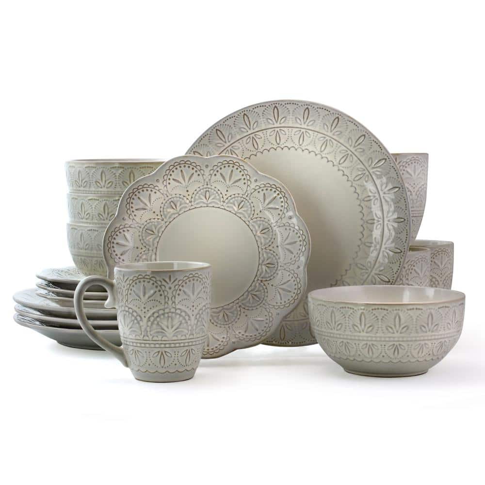 16-Piece Modern White Lace Stoneware Dinnerware Set (Service for 4) - Hercitys
