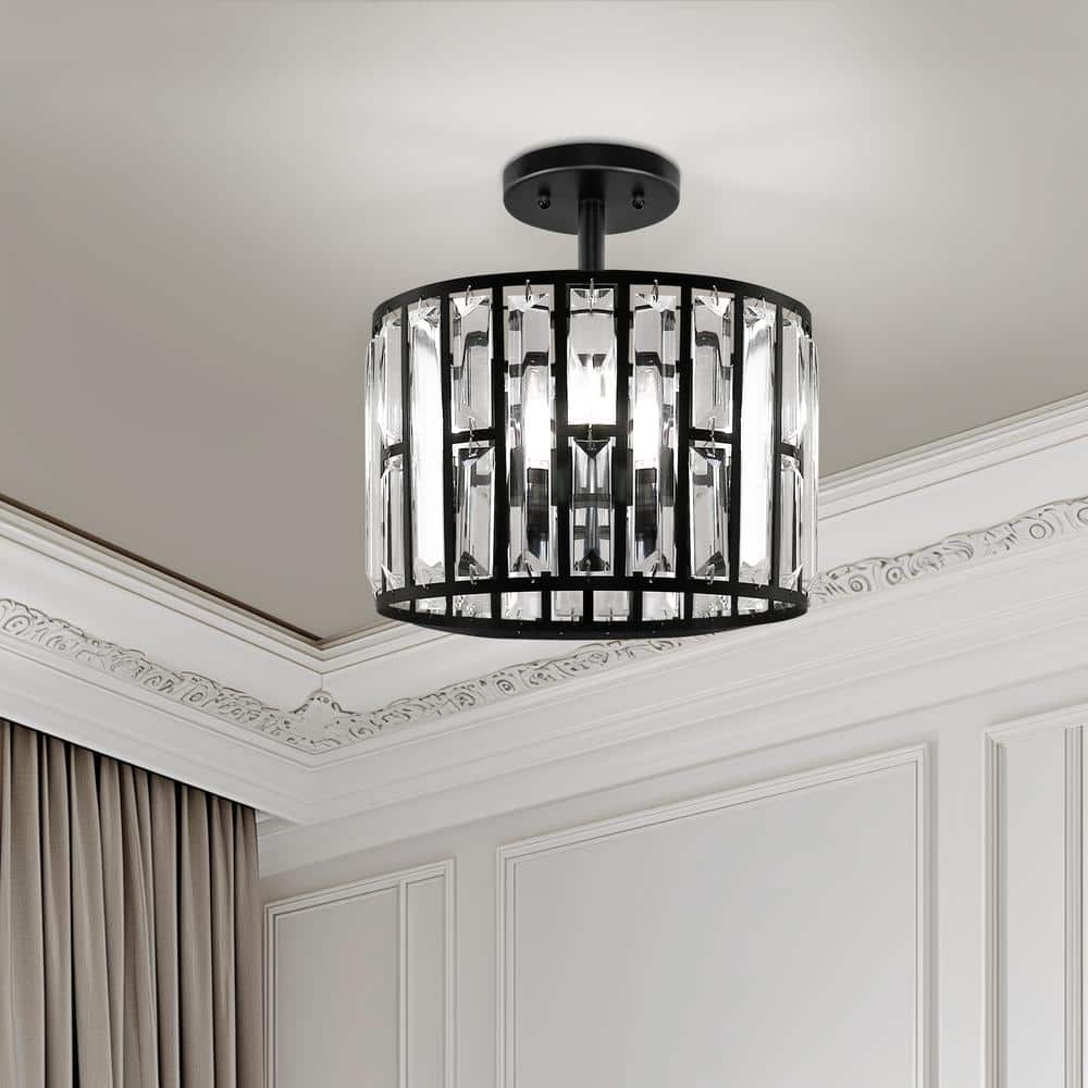 12.4 in. 3-Light Matte Black Semi-Flush Mount Ceiling Light with Crystal Accents, E12 Base, No Bulbs Included - Hercitys