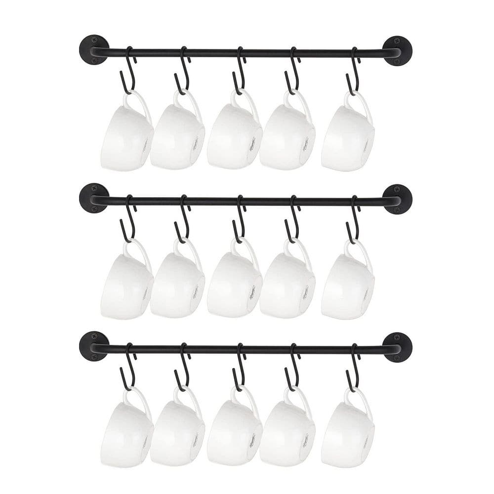 3-Pack 17 in. Black Wall Mounted Mug Holder with 15 Mug Hooks, Coffee Cup Rack Hanger, TeaCups Storage Organizer - Hercitys