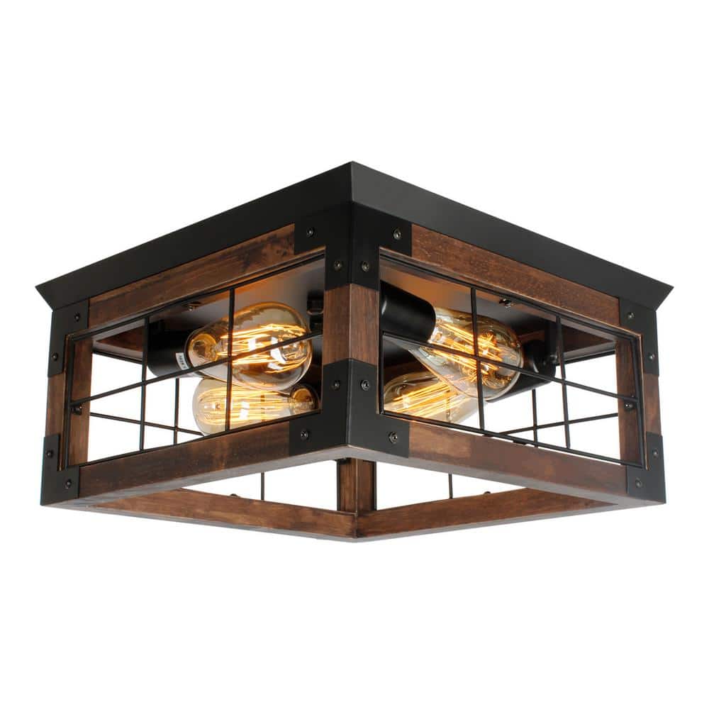 14.9 in. 4-Lights Rustic Wood Square with Strengthen Corner Flush Mount Ceiling - Hercitys