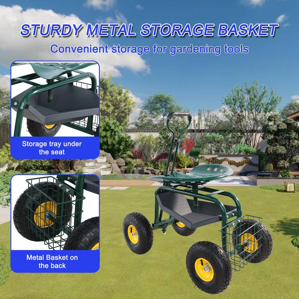 1 cu. ft. Steel Rolling Garden Cart with Tool Tray and 360 Swivel Seat - Hercitys