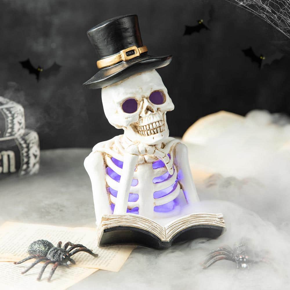 10.25 in. H Halloween Lighted Resin Skull Reading Book Table Decor - Hercitys