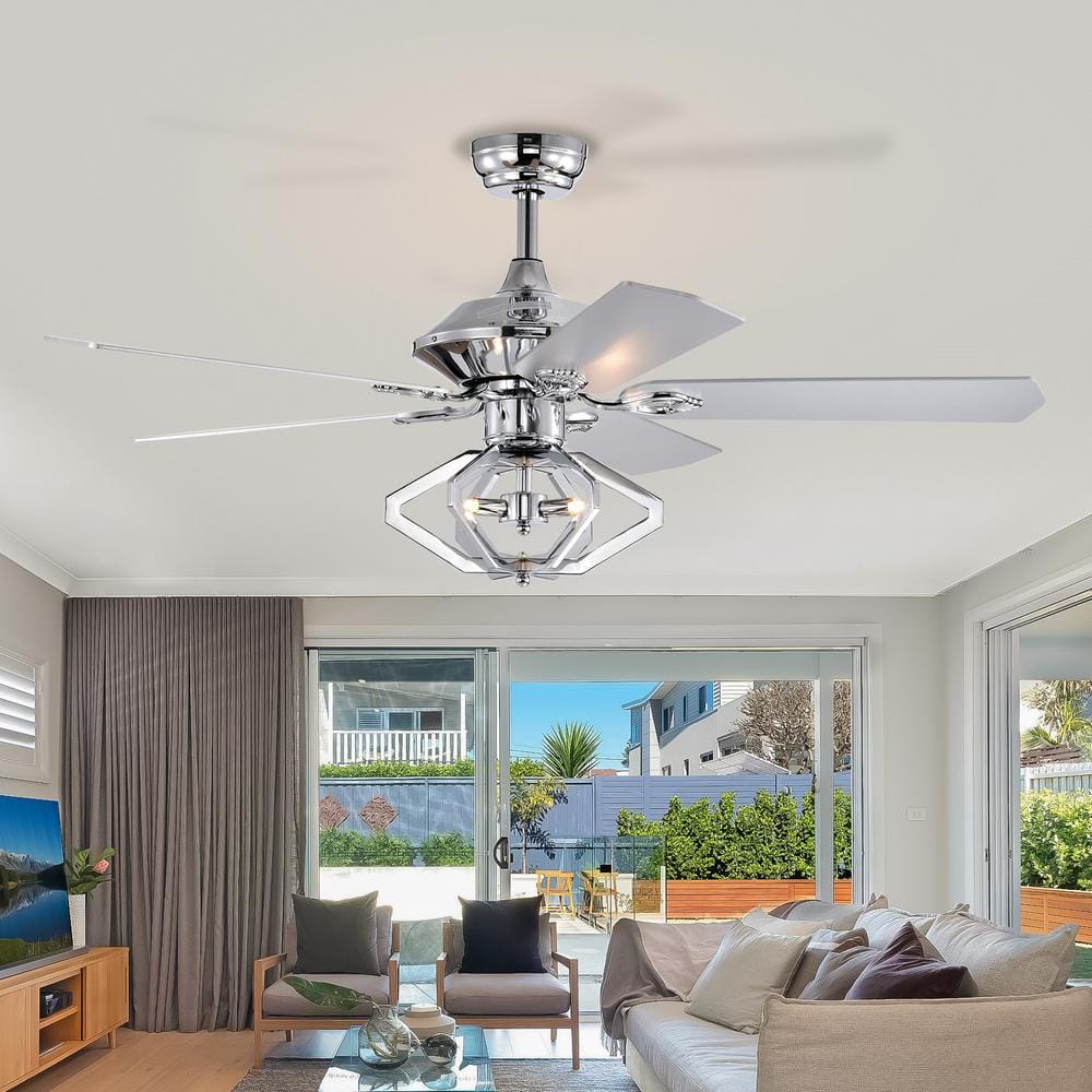 52 in. Smart Indoor/Outdoor Chrome Ceiling Fan with Remote Control and 5 Blades Reversible Quiet Crystal Chandelier Fan - Hercitys