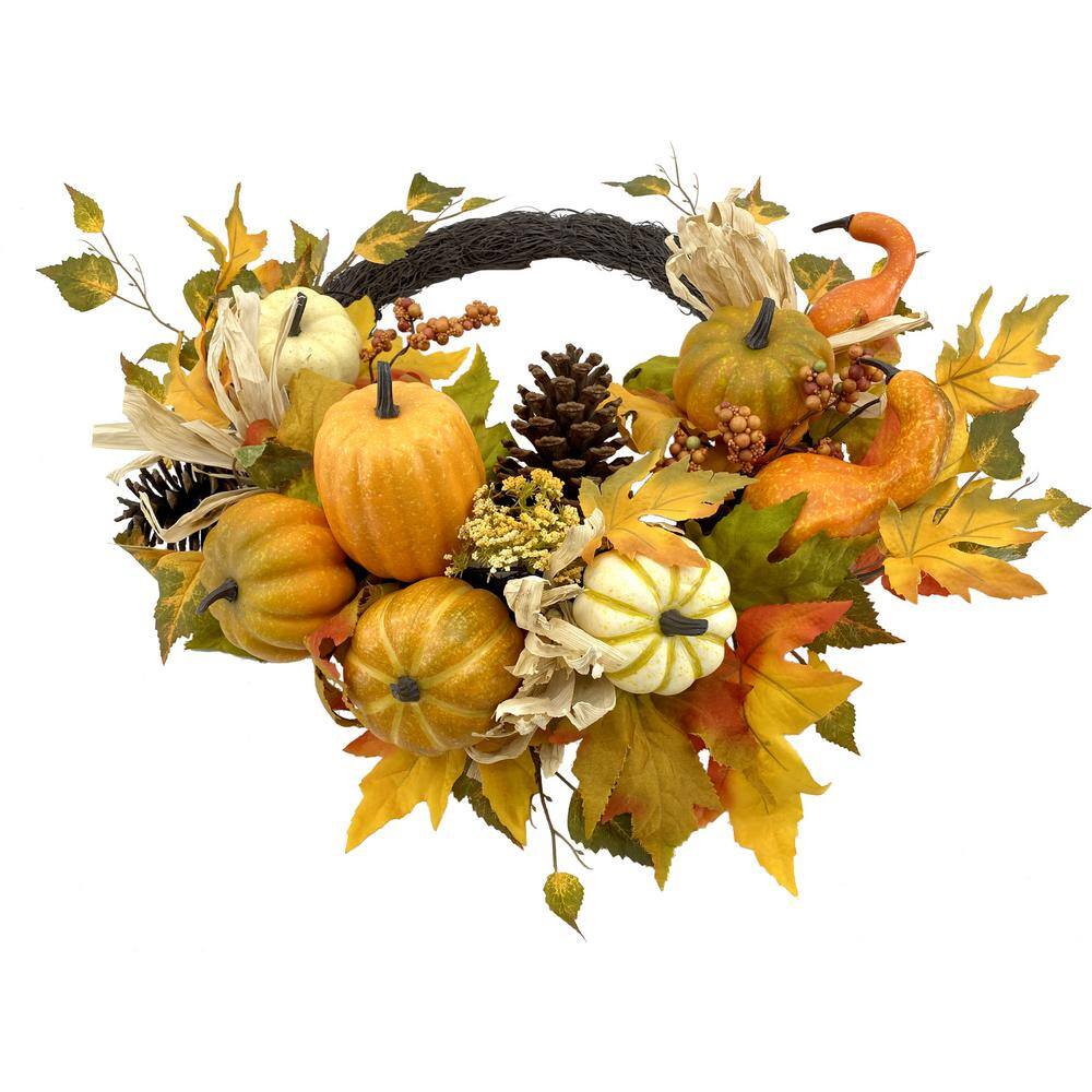 22 in. Fall Pumpkin, Leaves and Pinecone Wreath - Hercitys