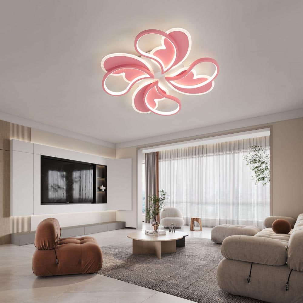 ​​19.68 in. 1-Light Pink & White Modern Petal-Shaped Dimmable Selectable LED Semi-Flush Mount Ceiling Light with Remote - Hercitys