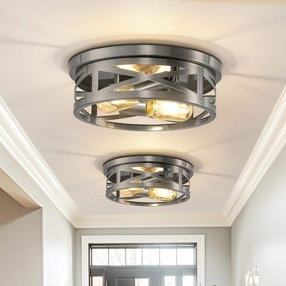 11 in. 2-Light Nickel Farmhouse Flush Mount with Drum Metal Cage Shade for Entryway Bedroom - Hercitys