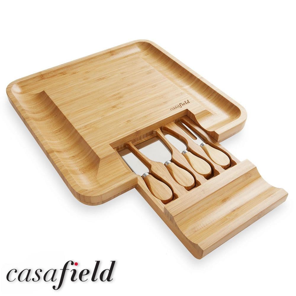 12.5 in. Traditional Natural Brown Bamboo Cheese Board and Charcuterie Gift Set with Cheese Knives - Hercitys