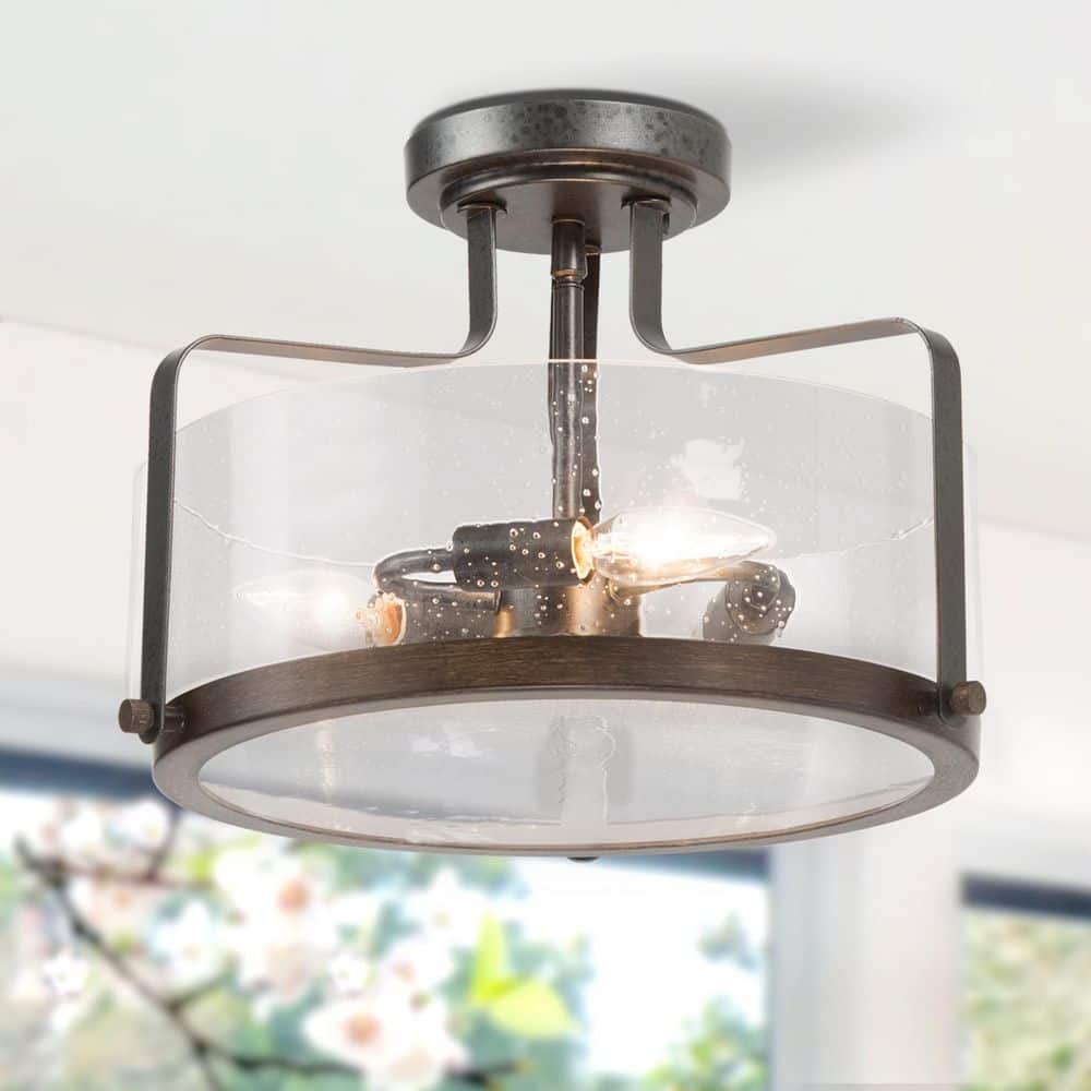 14 in. 3-Light Black Semi-Flush Mount Ceiling Light with Seeded Glass Shade - Hercitys