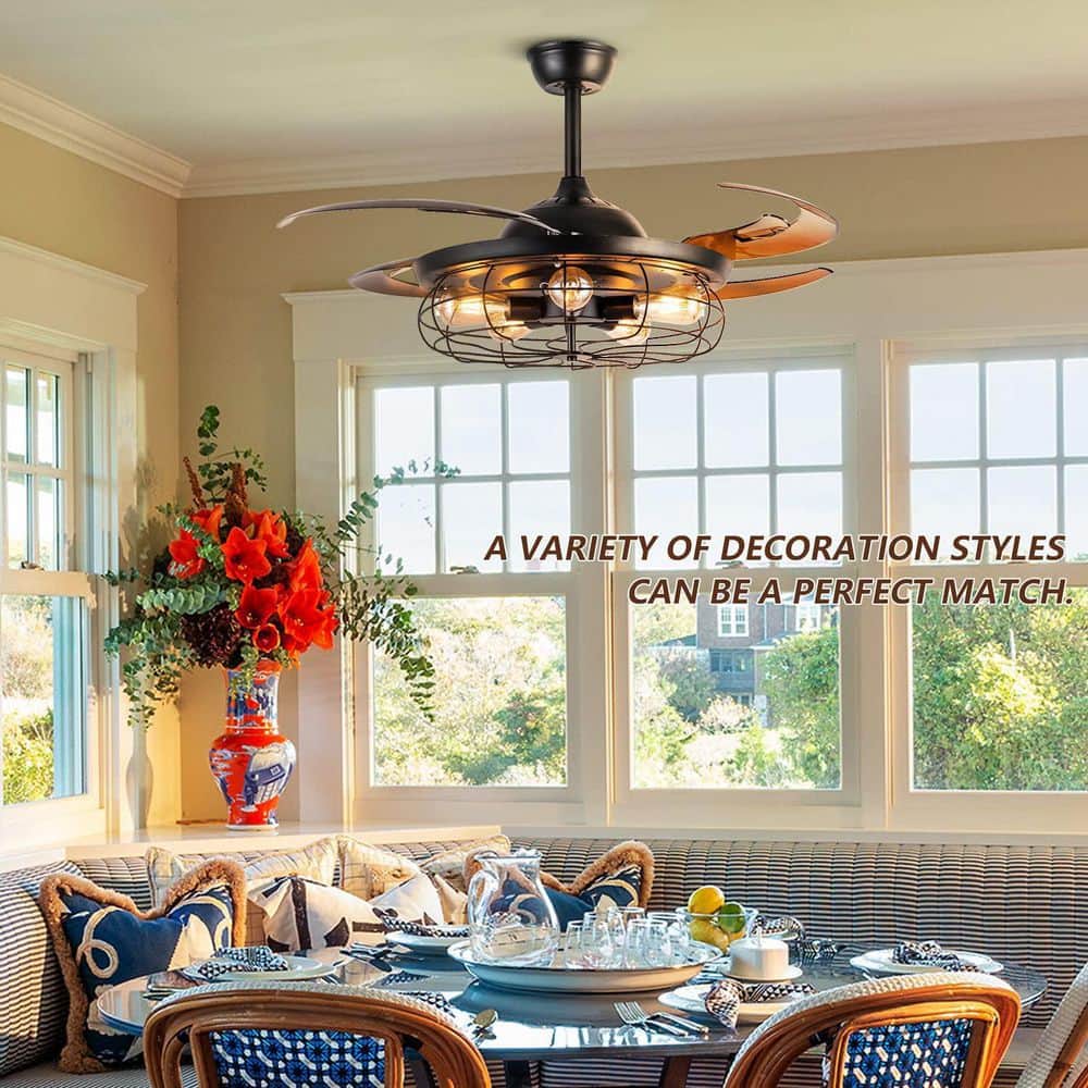 48 in. Indoor Black Ceiling Fan with Lights and Remote Retractable Blades Fandelier - Hercitys