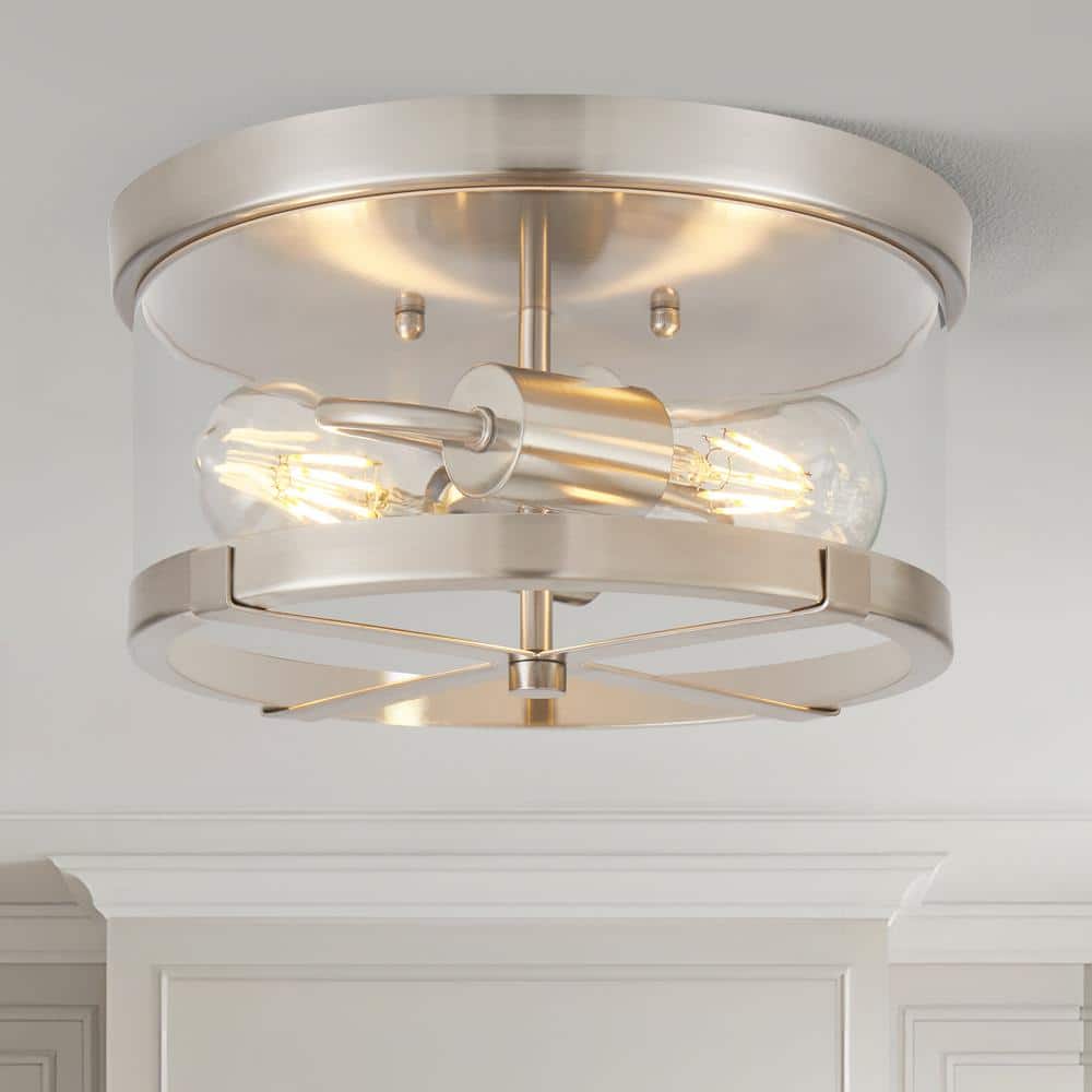 11.8 in. 2-Light Nickel Flush Mount Ceiling Light with Clear Glass Shade - Hercitys