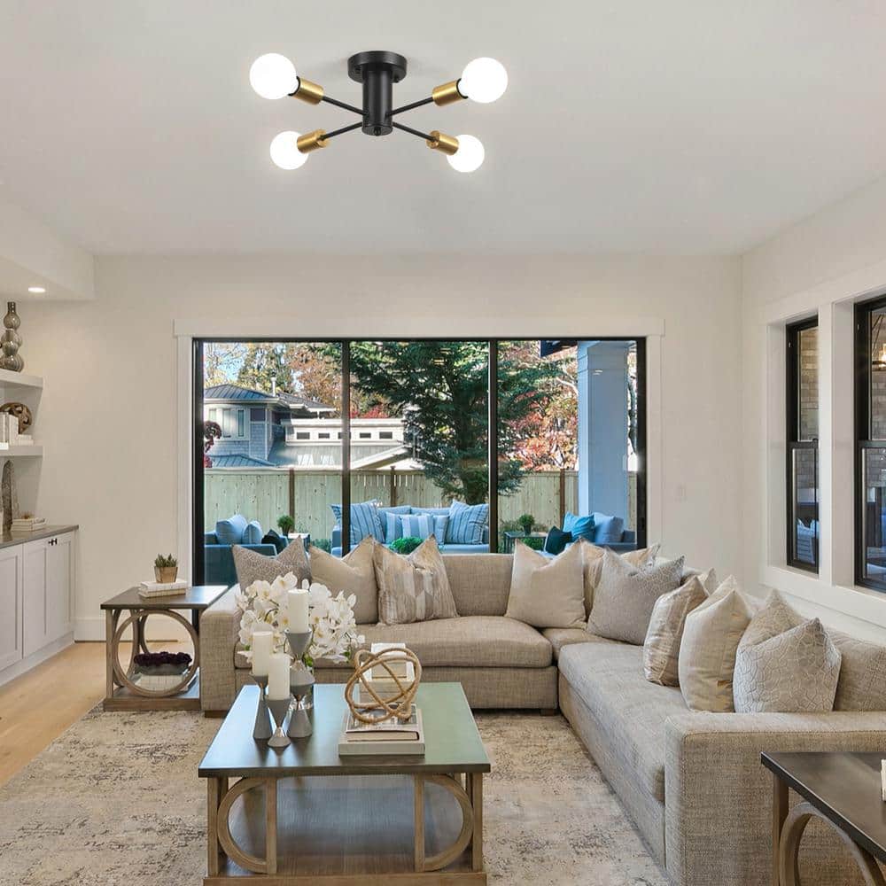 17.5 in. 4-Light Black and Gold Sputnik Transitional Flush Mount Ceiling Lights - Hercitys