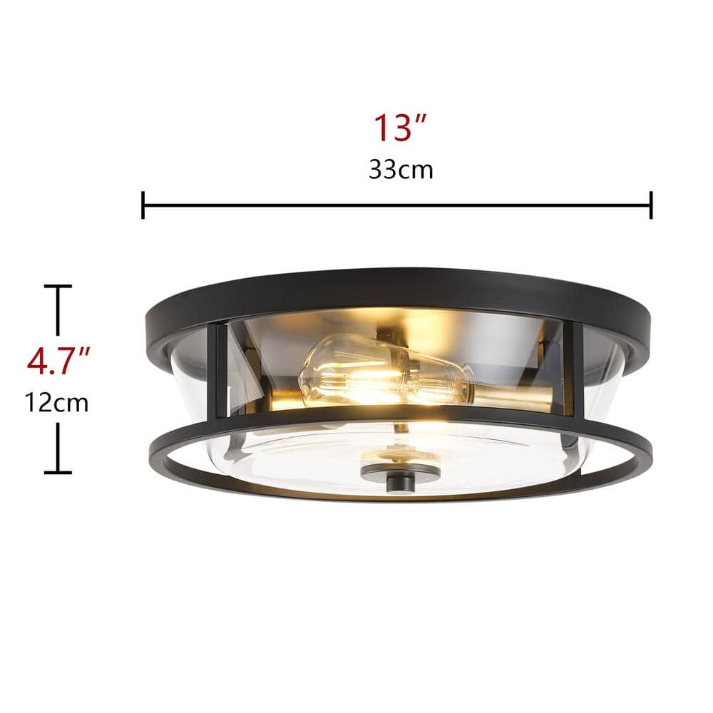 13 in. 2-Light Industrial Black Flush Mount Ceiling Light Fixture with Glass Shade - Hercitys