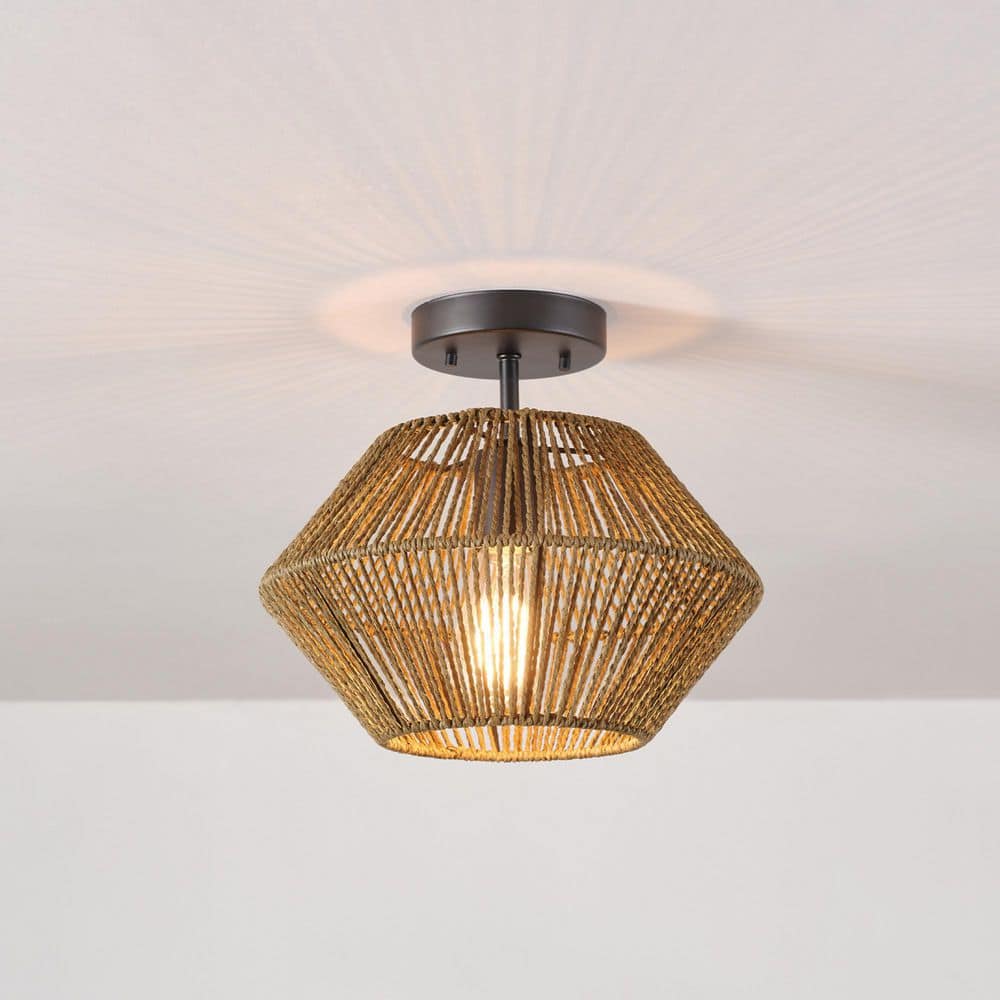 12 in. 1-Light Matte Black Flush Semi-Flush Mount Ceiling Light with Natural Twine Shade - Hercitys