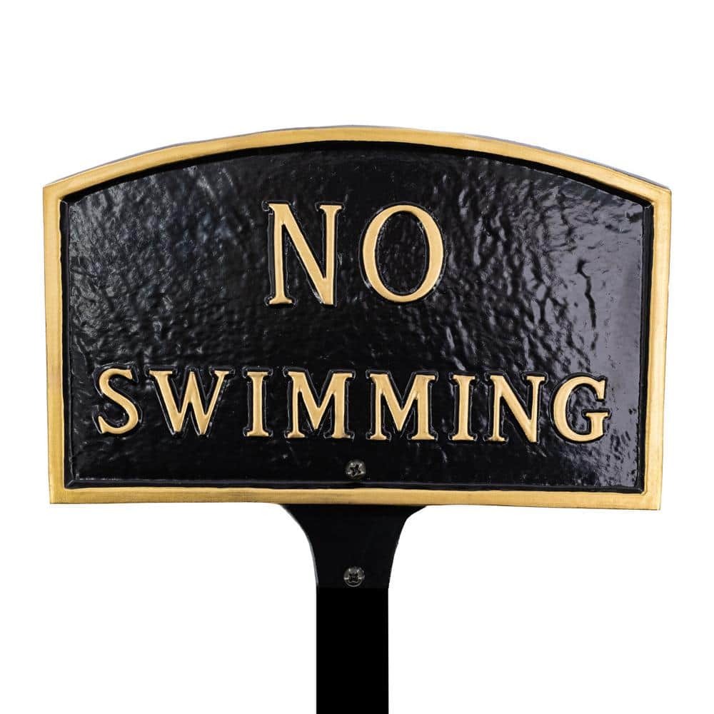 5.5 in. x 9 in. Small Arch No Swimming Statement Plaque Sign with Lawn Stake – Black/Gold - Hercitys