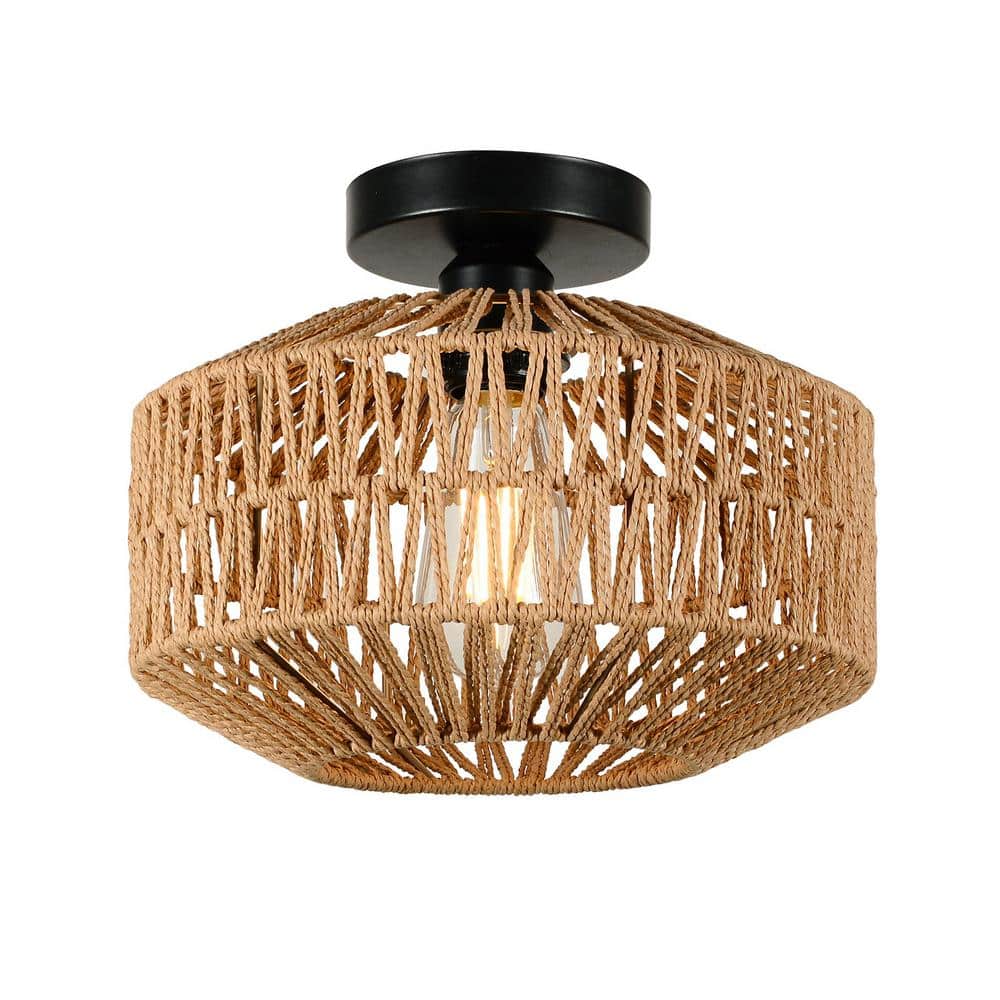 11.8 in. W 1-Light Mini Natural Rattan Chandelier Flush Mount Light with Dimmable LED Bulb - Hercitys