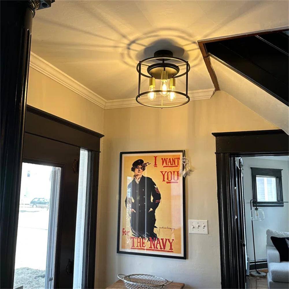 14 in. 3-Light Black and Gold Drum Cage Semi Flush Mount Light - Hercitys