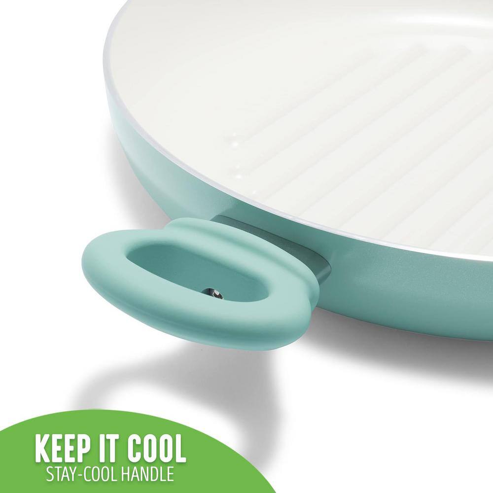 11 in. Healthy Ceramic Nonstick Round Dishwasher Safe Grill Pan in Turquoise with 2 Soft Grip Handles and Glass Lid - Hercitys