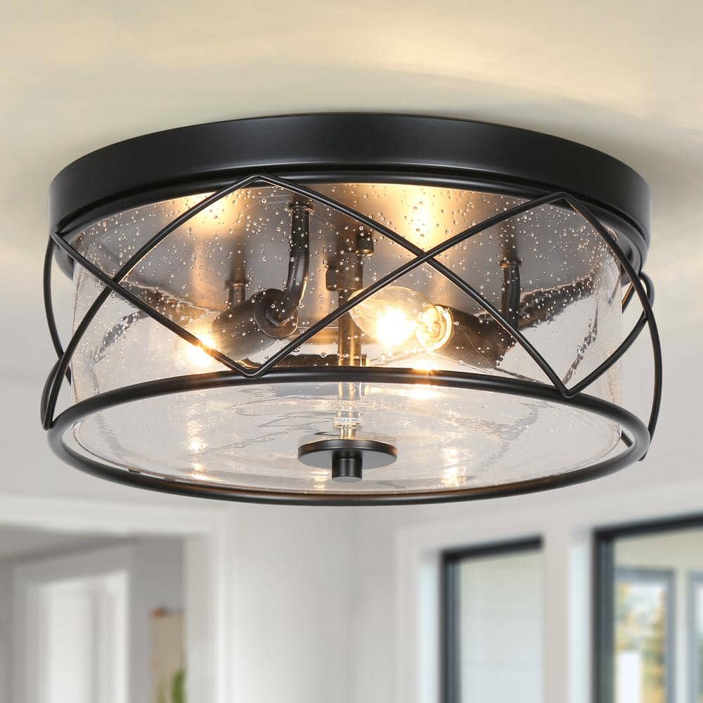 13 in. 3-Light Black Modern Farmhouse Foyer Flush Mount with Clear Seeded Glass Shade Classic Circle Ceiling Light - Hercitys