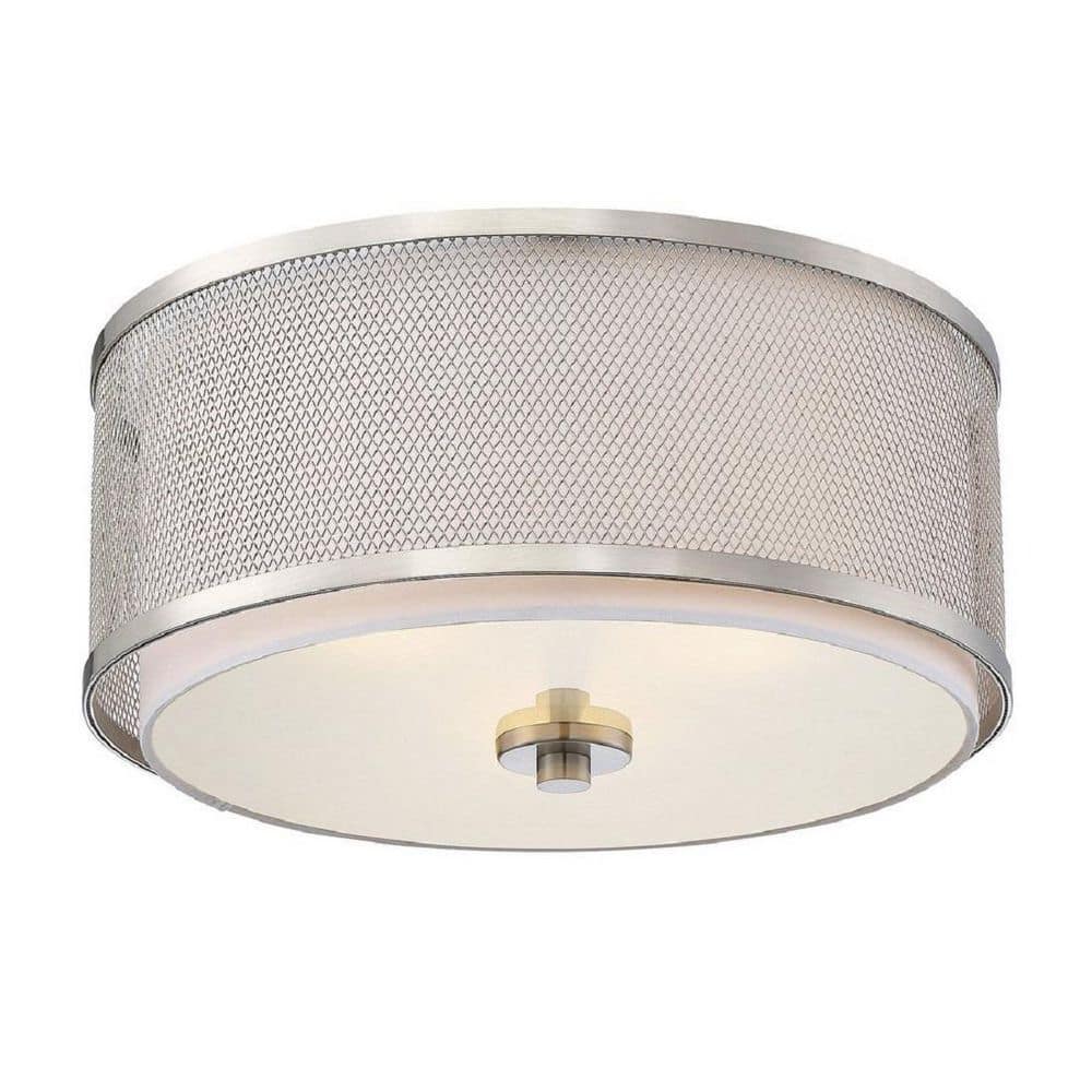 14.75 in. W x 6.25 in. H 3-Light Brushed Nickel Flush Mount Ceiling Light with White Fabric Shade and Metal Mesh Frame - Hercitys