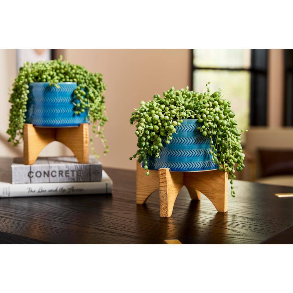 5 in. Jenkins Small Blue Ceramic Planter (5 in. D x 6.3 in. H) with Wood Stand - Hercitys