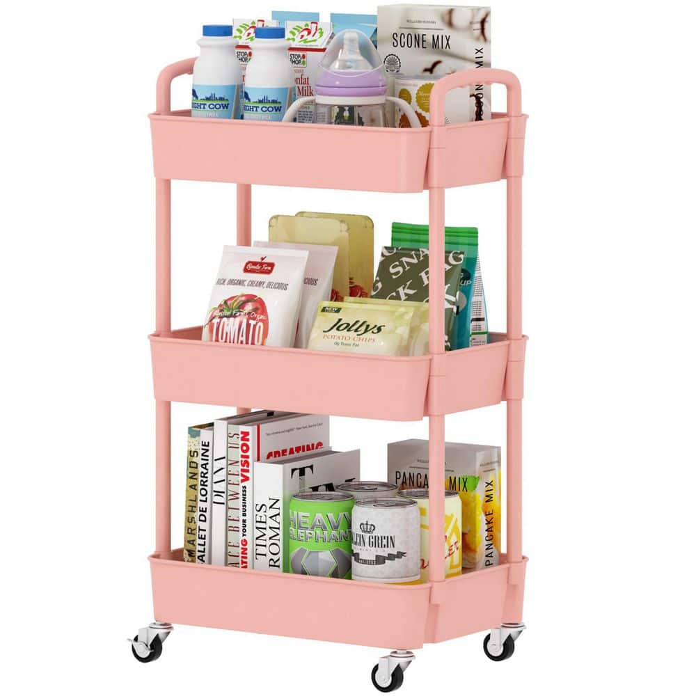3-Tier Plastic -Wheeled Storage Utility Cart in Pink - Hercitys