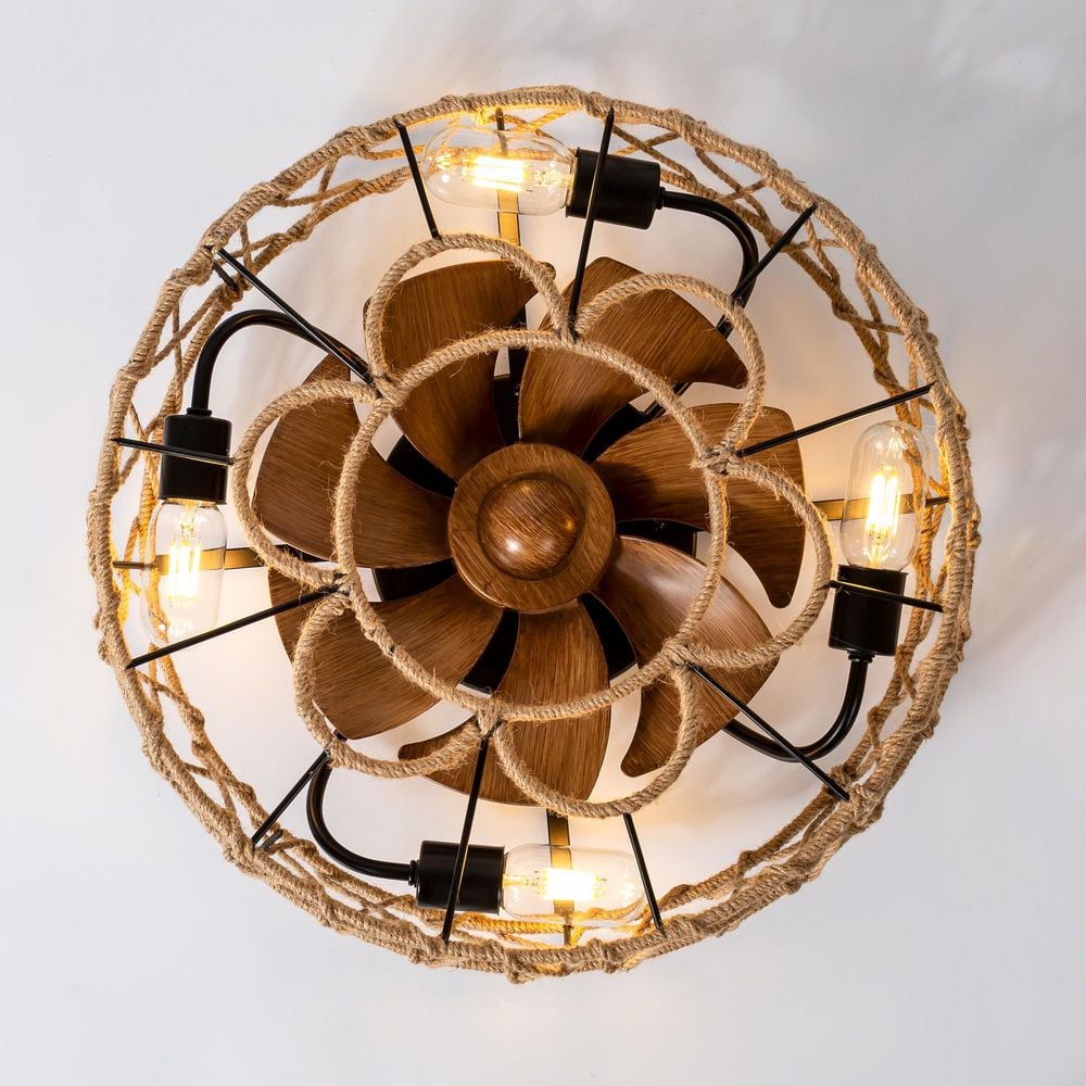 19 in. Indoor 4-Light Brown Hugger Farmhouse Small Ceiling Fan with Hemp-Rope-Frame Light Kit and Remote Included - Hercitys