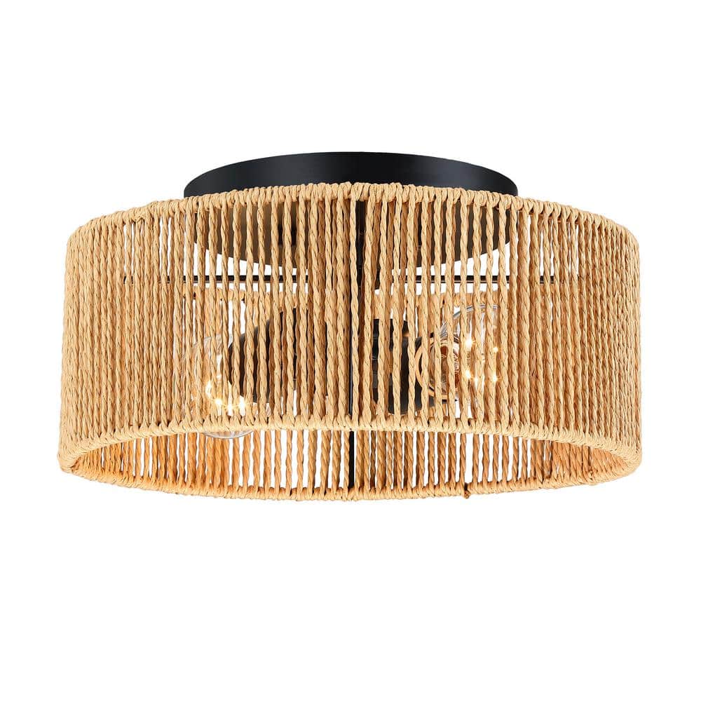 12 in. 2-Light Matte Black Modern Flush Mount with Natural Paper Shade No Bulbs Included - Hercitys