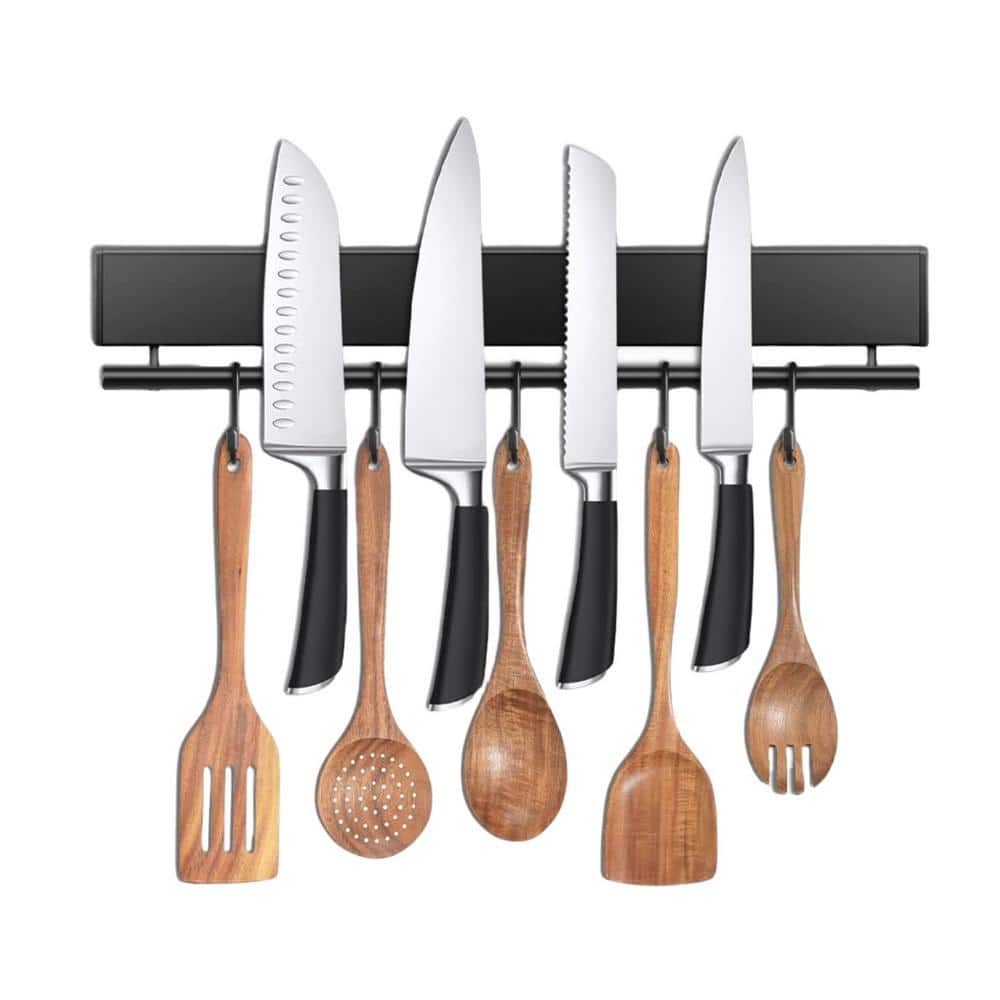 5-Knife 12 in. Stainless Steel Magnetic Knife Holder with 5 Hooks, Black Knife Magnetic Strip, Magnetic Knife Bar - Hercitys