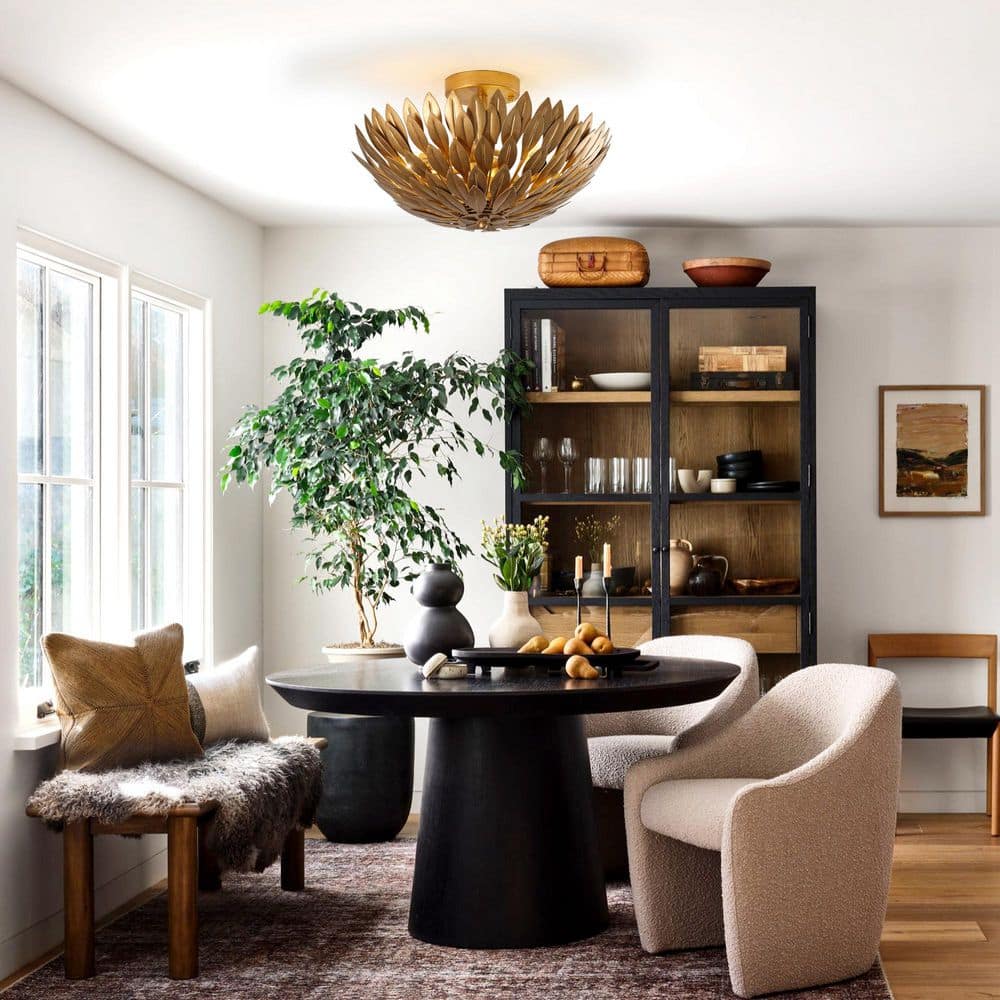 15.75 in. 3-Light Antique Gold Semi-Flush Mount Ceiling Light with Layers of Leaves Shade - Hercitys