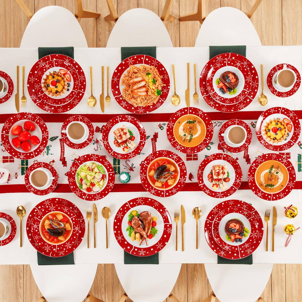 30 Piece Porcelain Santa Claus Red Dinnerware Set for Christmas Festive and Family Gatherings, Service for 6 - Hercitys