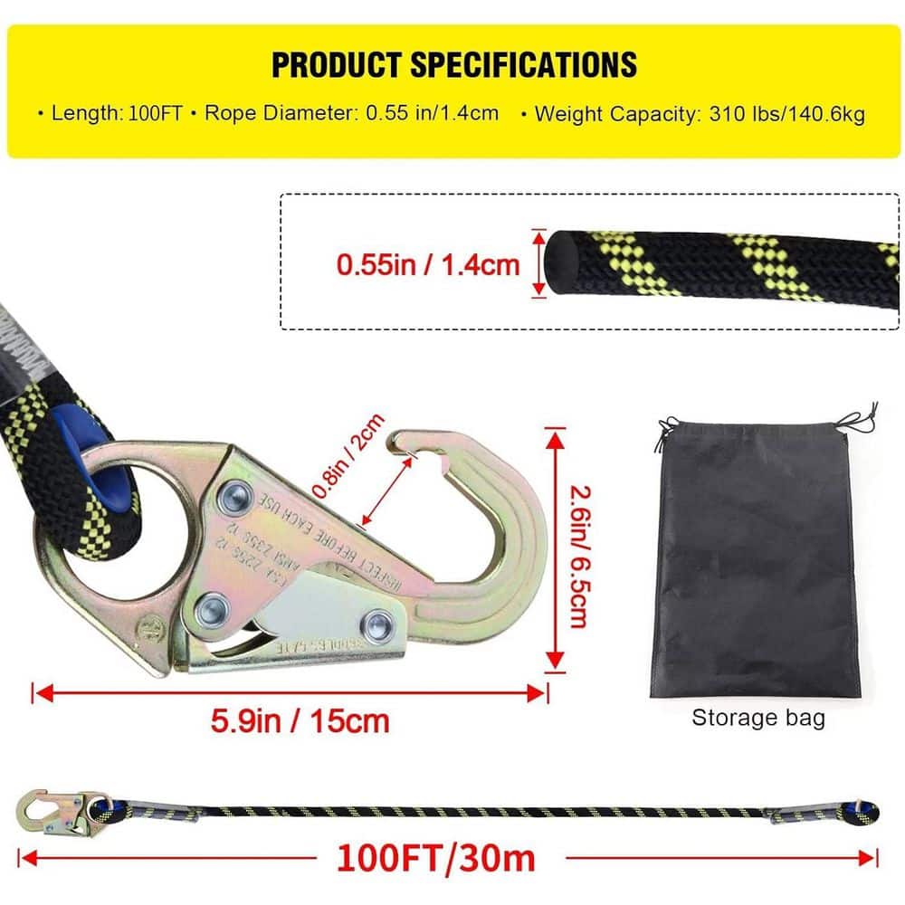 100 ft. Vertical Lifeline Assembly with Rope Grab Snap Hooks Shock Absorber CE Standard Fall Protection Kit - Hercitys