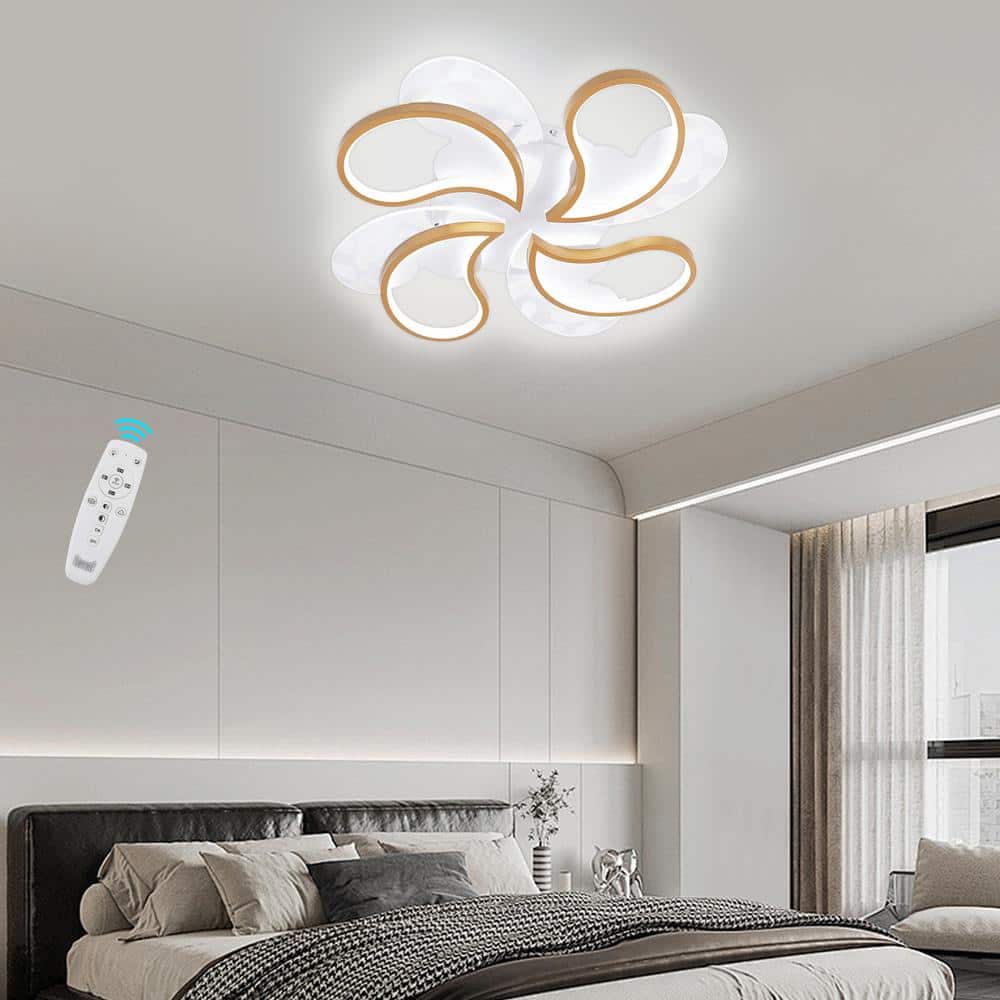 19.68 in. 1-Light Gold and White Modern Petal-Shaped Dimmable Selectable LED Semi-Flush Mount Ceiling Light with Remote - Hercitys