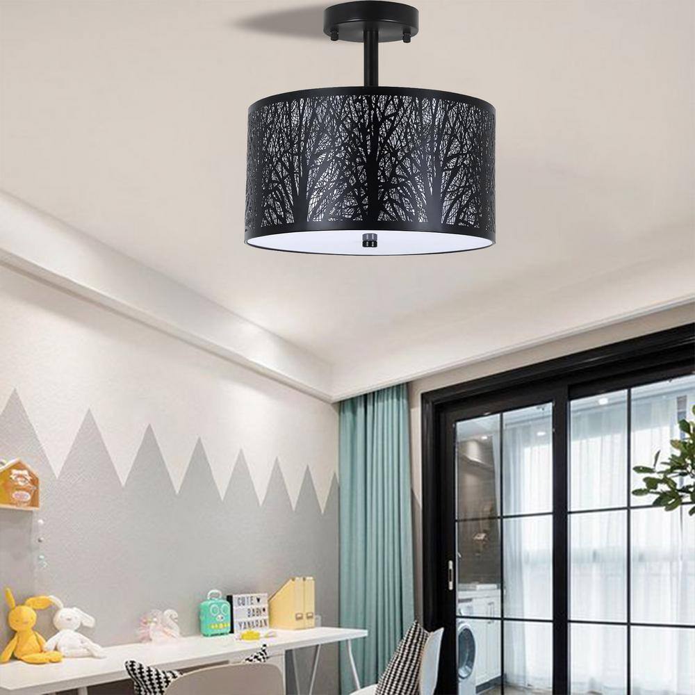 11.8 in. 3-Light Black Drum Light Semi Flush Mount with Etched Pattern Shade - Hercitys