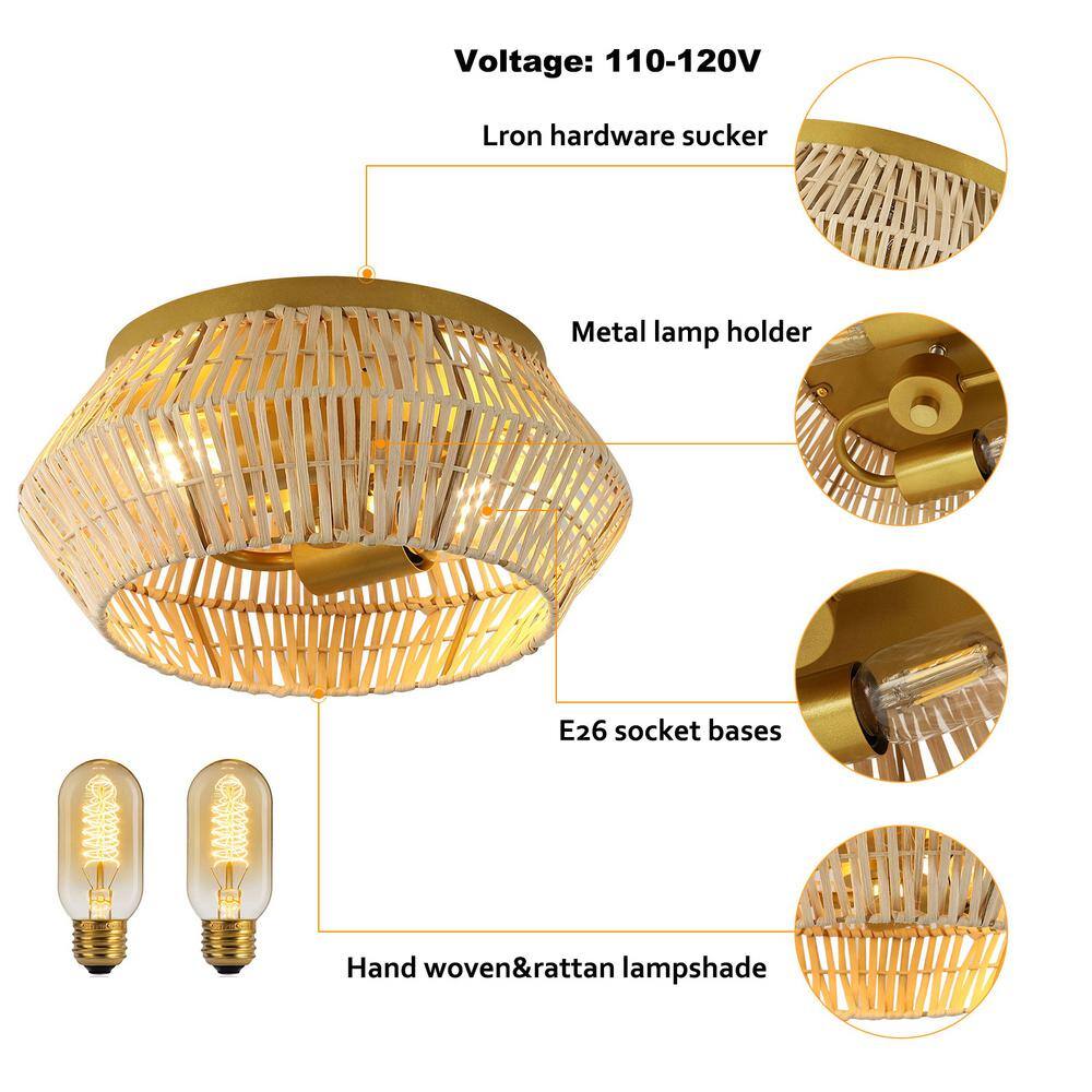 11.81 in. 2-Light Gold Farmhouse Woven Rattan Flush Mount Ceiling Light, No Bulbs Included - Hercitys
