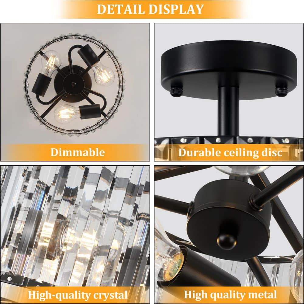 11.8 in. 3-Light Black Modern Drum Semi-Flush Mount Ceiling Light With Crystal Shade - Hercitys