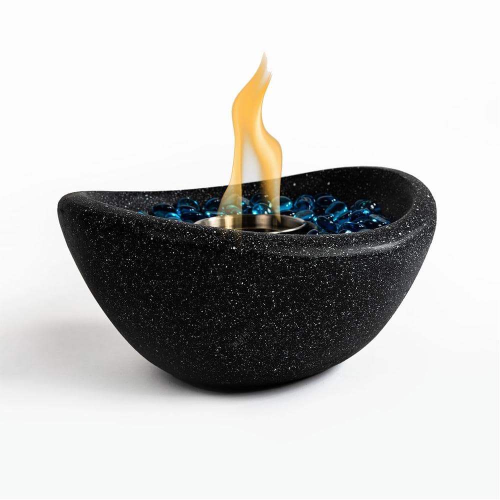 11 in. Black Outdoor Concrete Gel or Liquid Fire Pit Mixed Color Tabletop Mini Smokeless Fire Bowl with Blue Glass Beads - Hercitys