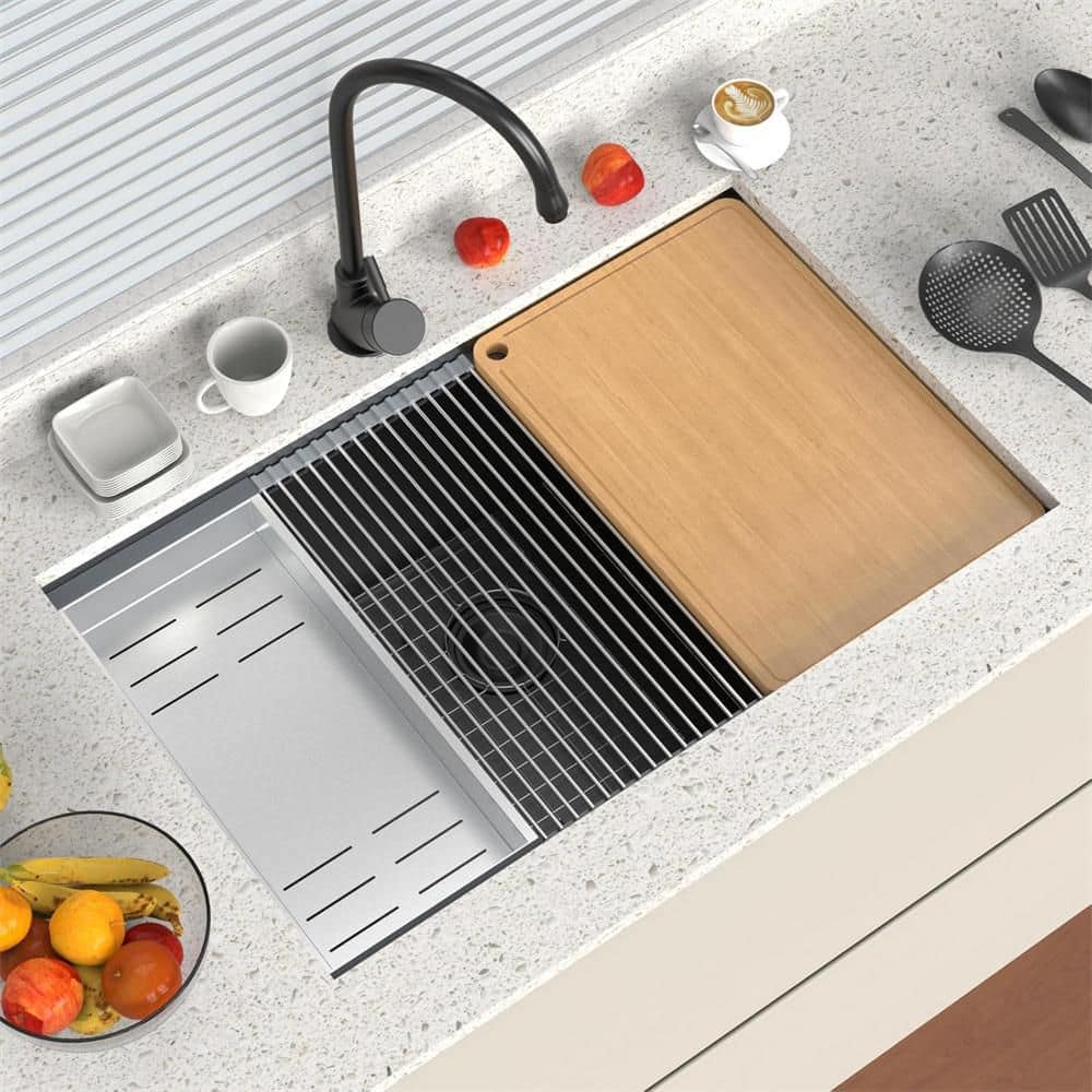 30 Inch Single Bowl Drop-in Stainless Steel Integrated Ledge Multifunctional Workstation Sink Set in Black - Hercitys