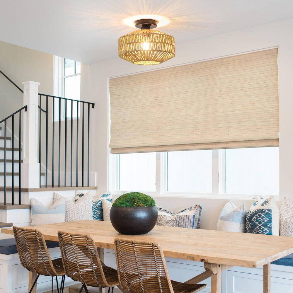 11.81 in. 3-Light Black Brown Farmhouse Semi-Flush Mount Light with Hemp Ropes Shade and No Bulbs Included - Hercitys