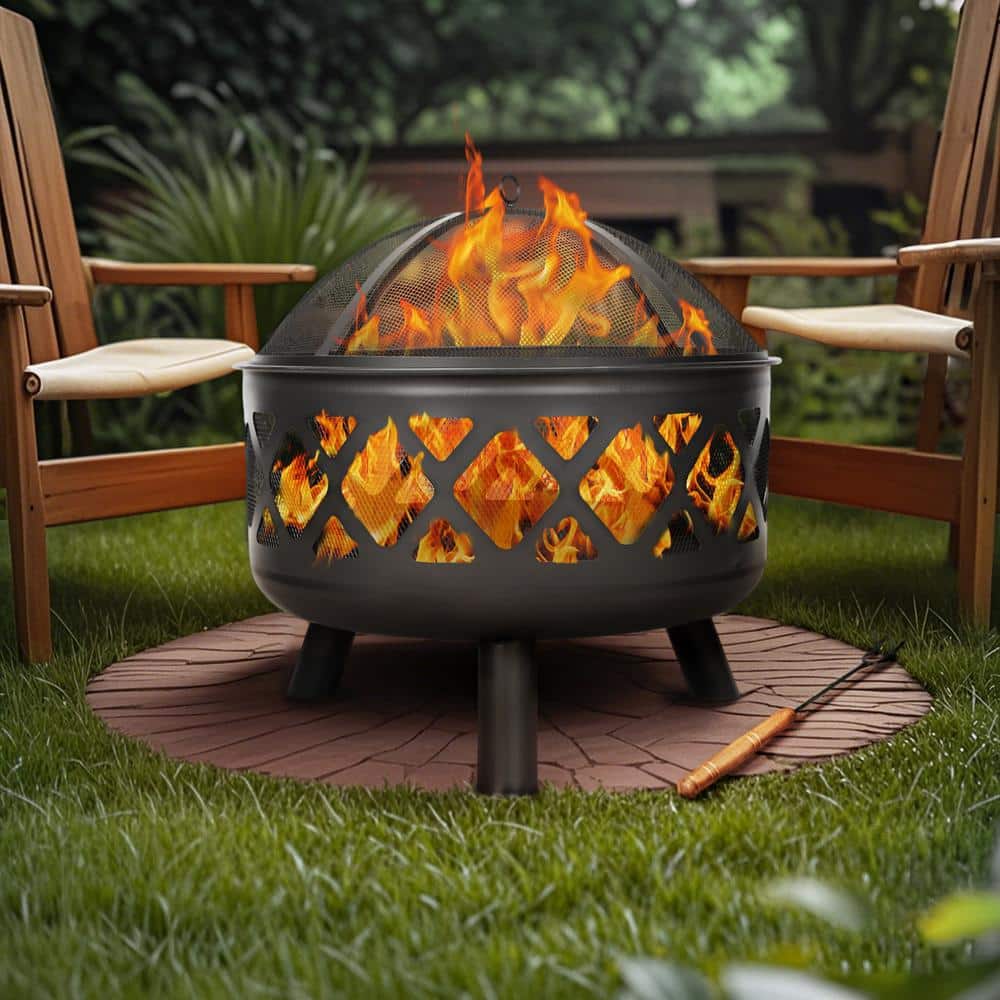 24 inch Black Crossweave Steel Wood-Burning Outdoor Fire Pit-Includes Spark Screen and Poker - Hercitys