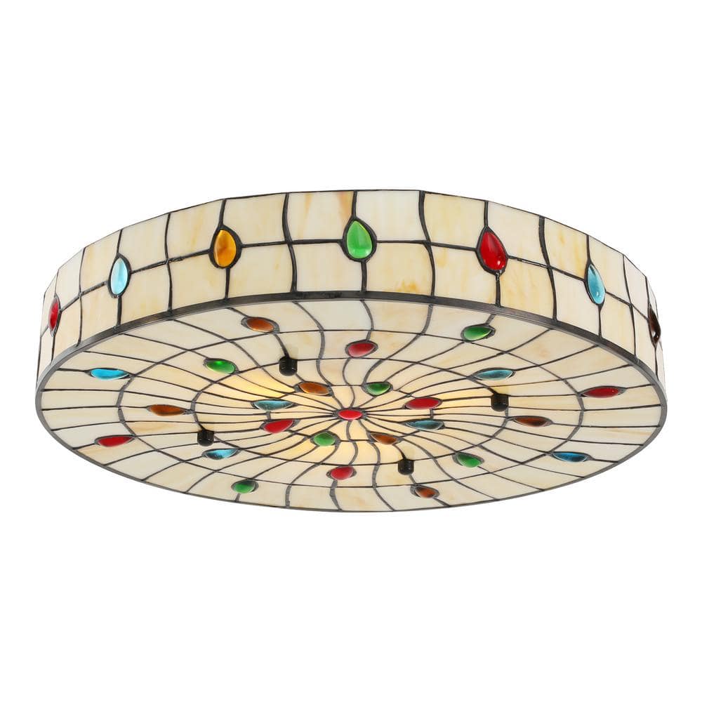 18 in. 3-Light Beige Retro Flush Mount Ceiling Light with Multicolored Glass Shade and No Bulbs Included - Hercitys