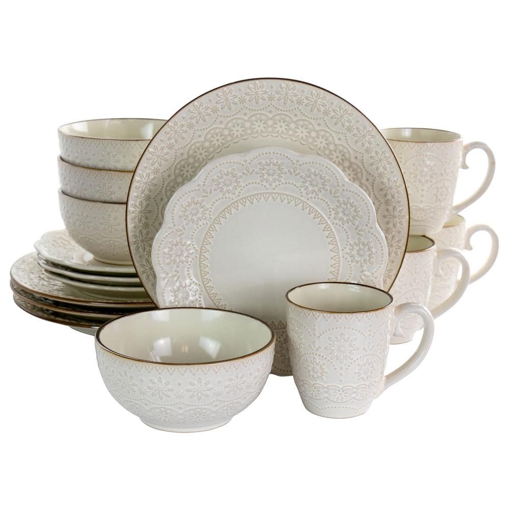 16-Piece Contessa Embossed Ivory Stoneware Dinnerware Set (Service for 4) - Hercitys