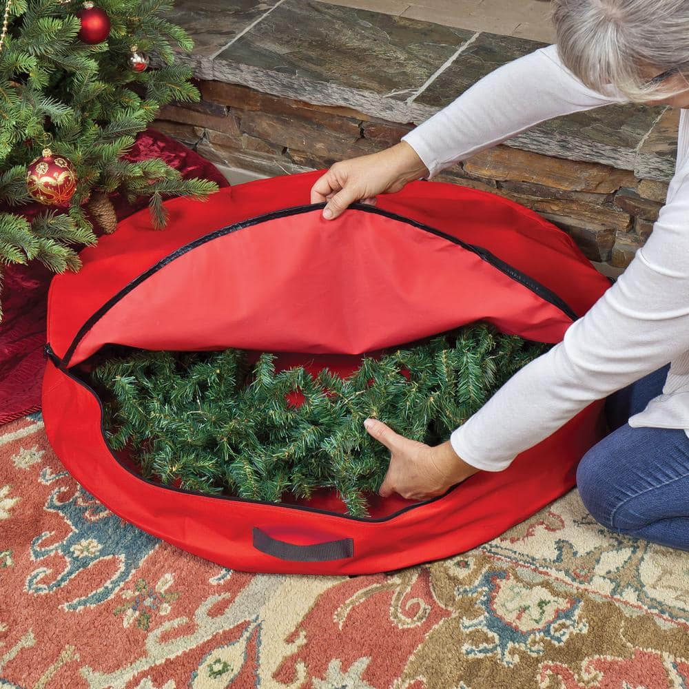 36 in. Premium Quilted Red Polyester Wreath Storage Bag - Hercitys
