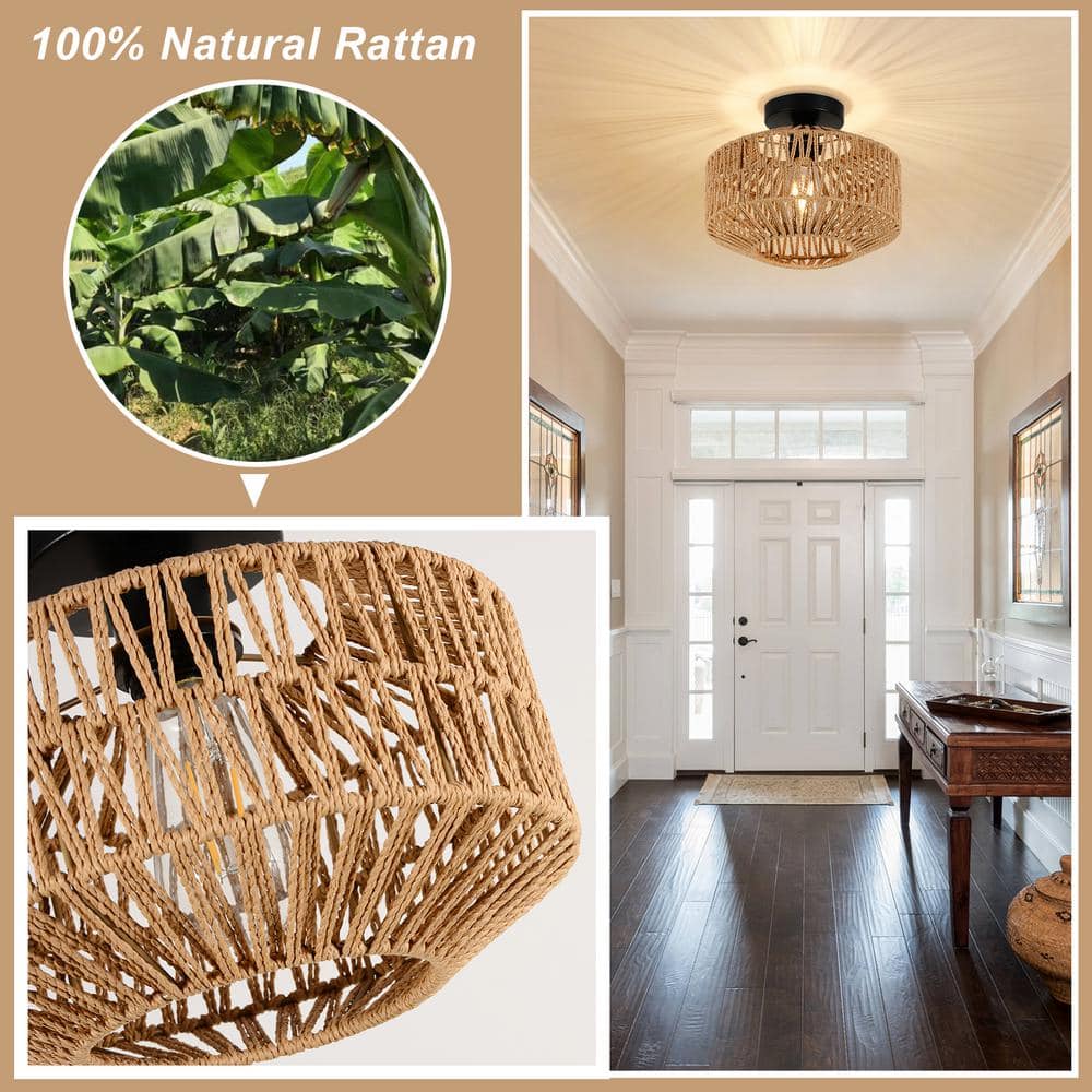 11.8 in. 1-Light Brown Rattan LED Semi-Flush Mount Light with Dimmable LED Bulb - Hercitys
