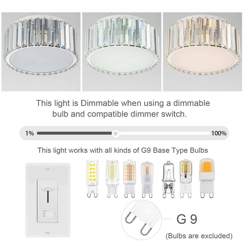 12 in. Modern 5-Light Round Silver Crystal Flush Mount Chandelier Wide - Hercitys
