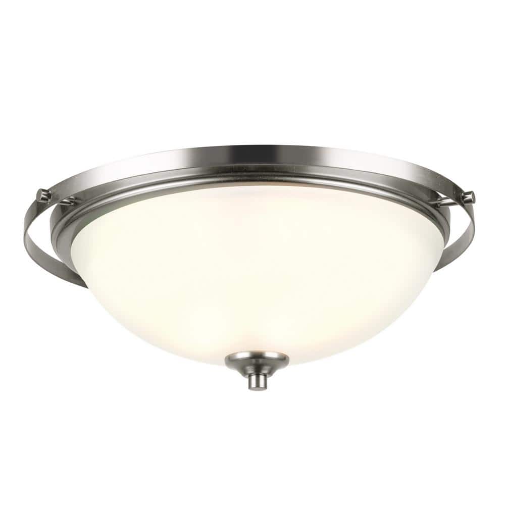 14.17 in. 2-Light Brushed Steel Flush Mount with Frosted White Glass Shade - Hercitys