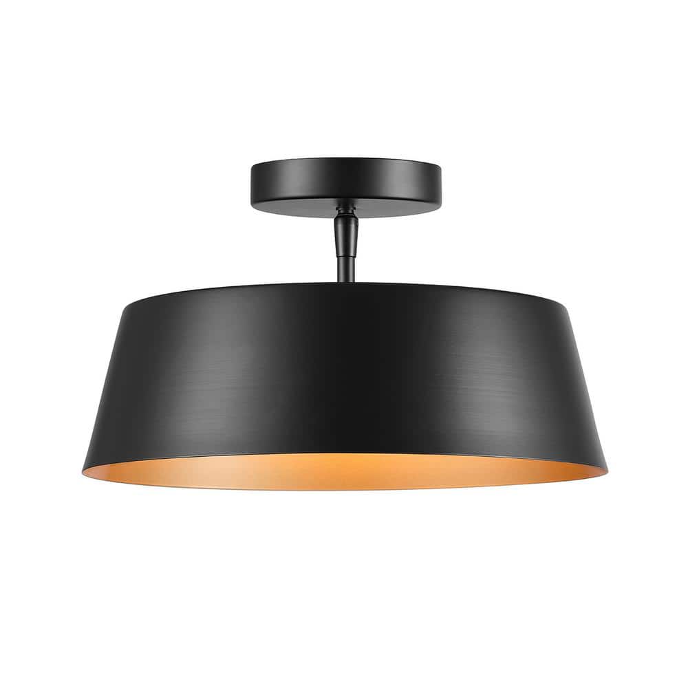 13 in. 2-Light Matte Black Flush Mount Ceiling Light with Painted Gold Interior Shade - Hercitys