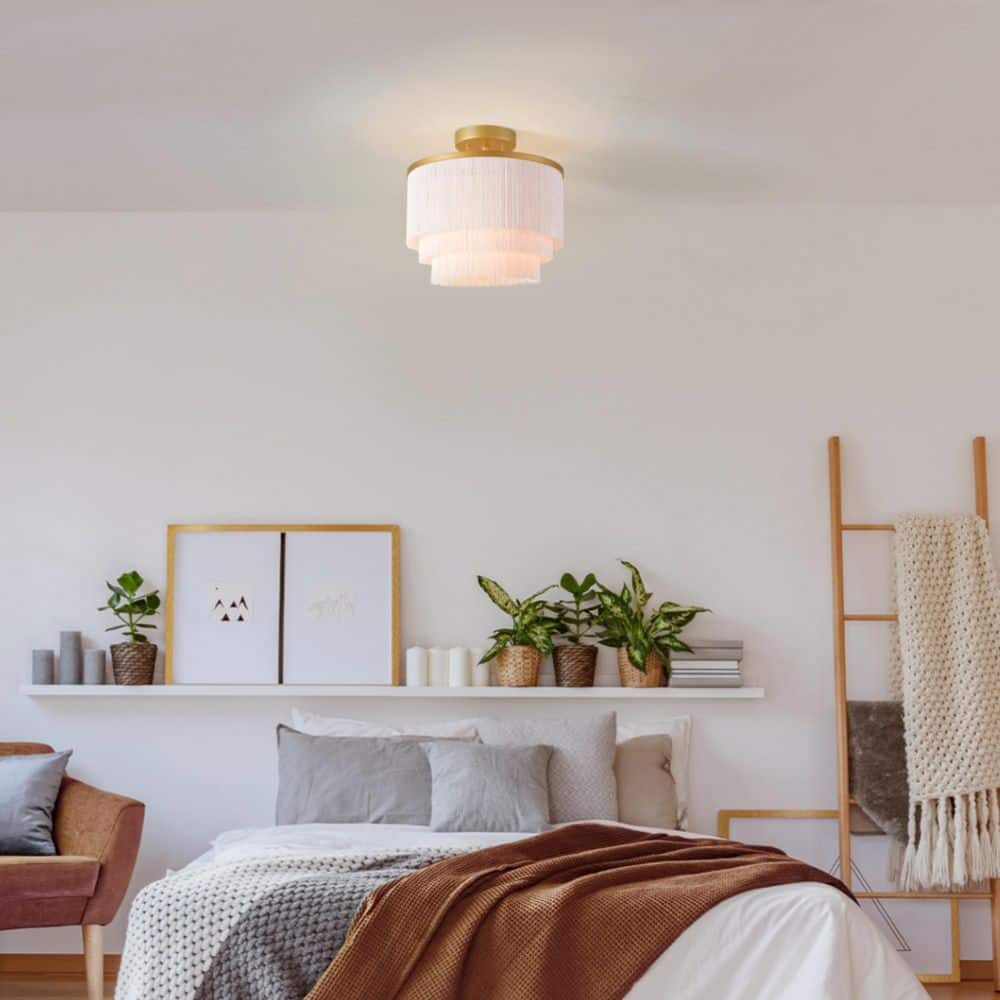 12 in. 1-Light Matte Gold Semi-Flush Mount Ceiling Light with White Fabric Fringe Shade - Hercitys