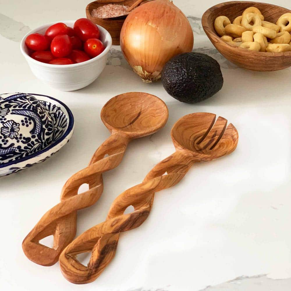 2-Pieces Braided Hand-Carved Kenyan Olive Wood Salad Serving Set - Hercitys