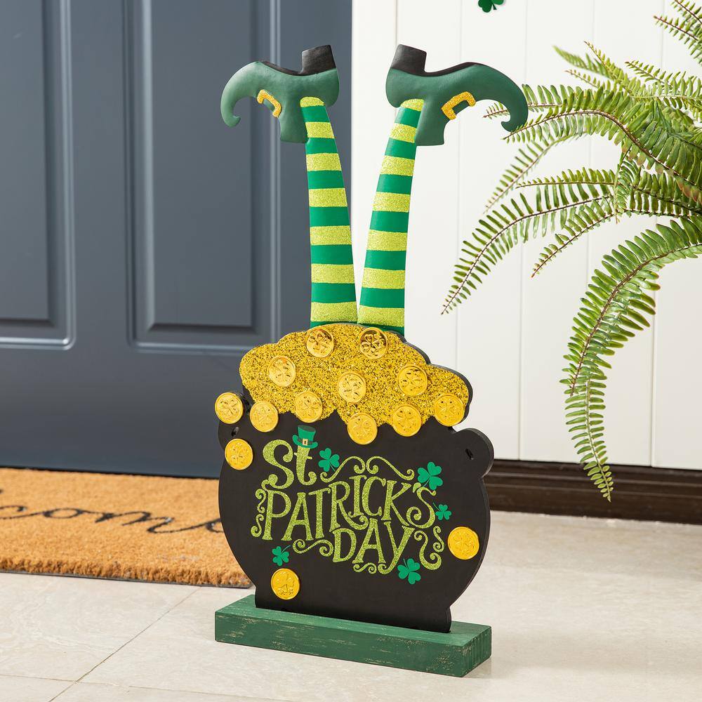 24 in. Wooden St. Patrick’s Leprechaun Pot of Gold Porch Decor(KD) - Hercitys