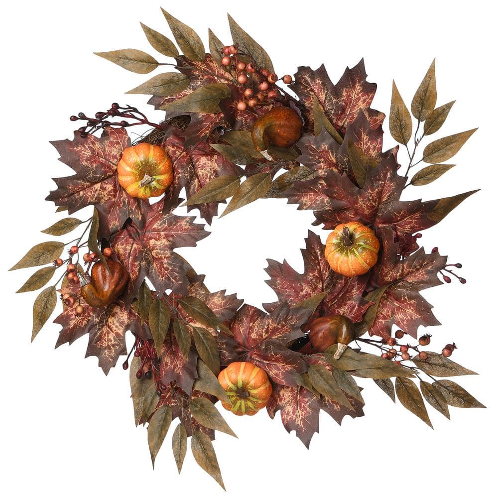 24 in. Artificial Autumn Wreath with Ivy, Berries, Pumpkins - Hercitys